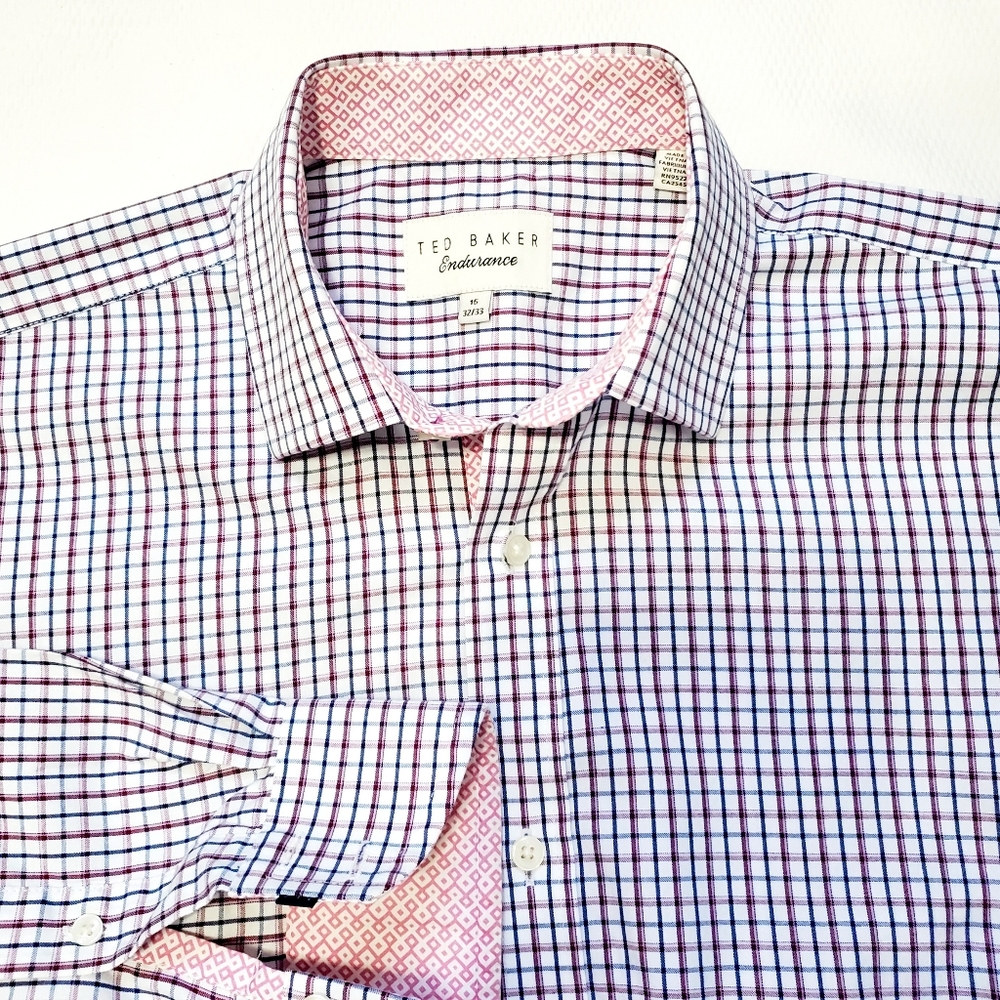 Ted Baker Endurance Long Sleeve Button Down Shirt Red Blue Grid 15 Neck